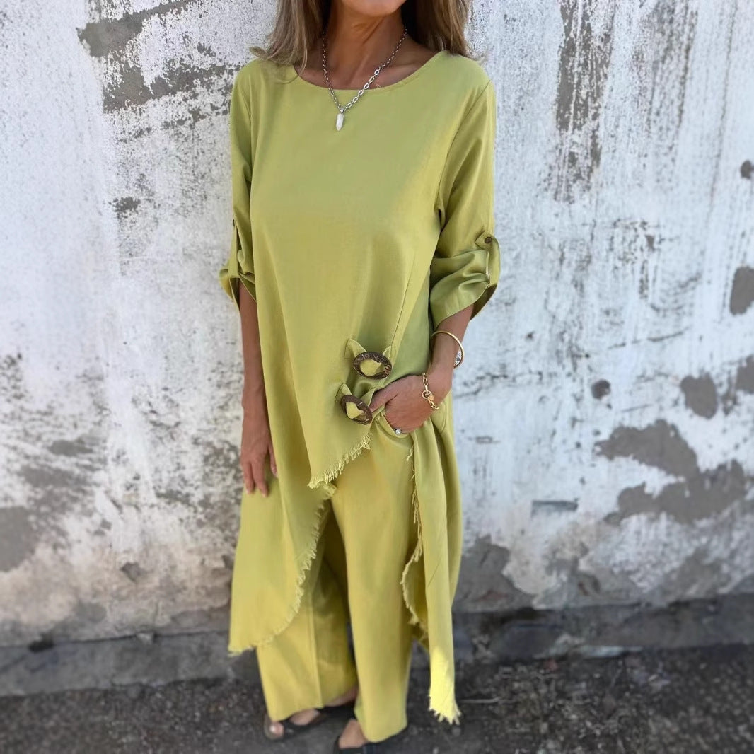 Loose Irregular Long Suit With Metal Button Design Round Neck Long-sleeved Top And Straight Trousers Fashion Wide-leg Pants Women's Clothing fashion suit - Glamour Gale fashion suit