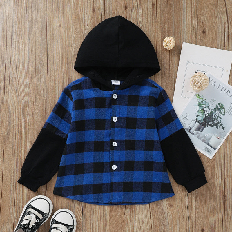 Hooded Plaid Sleeves Single Breasted Top Boys Middle Child Shirt Jacket