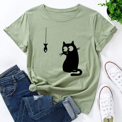 Women's Cute Cat Loose Round Neck Cotton Short Sleeve