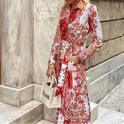 Women's Fashionable Printed Lace-up Long Dress