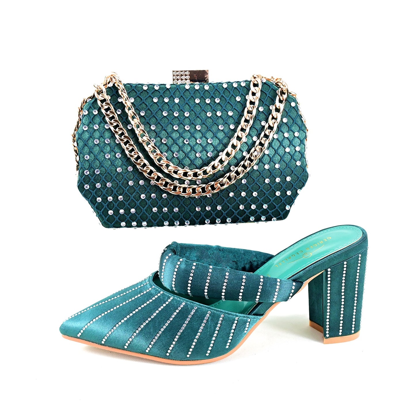 Green 8CM Pointed Toe Chunky Heel High Heels Hand Bag Casual Daily Party Dinner Shoes Bag Suit