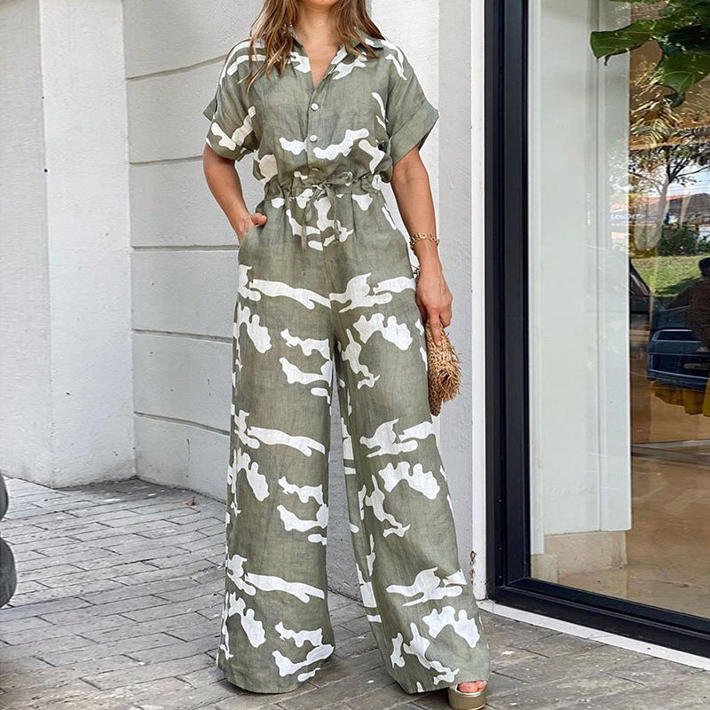 Fashion Polo Collar Printed Button Lace-up Jumpsuit