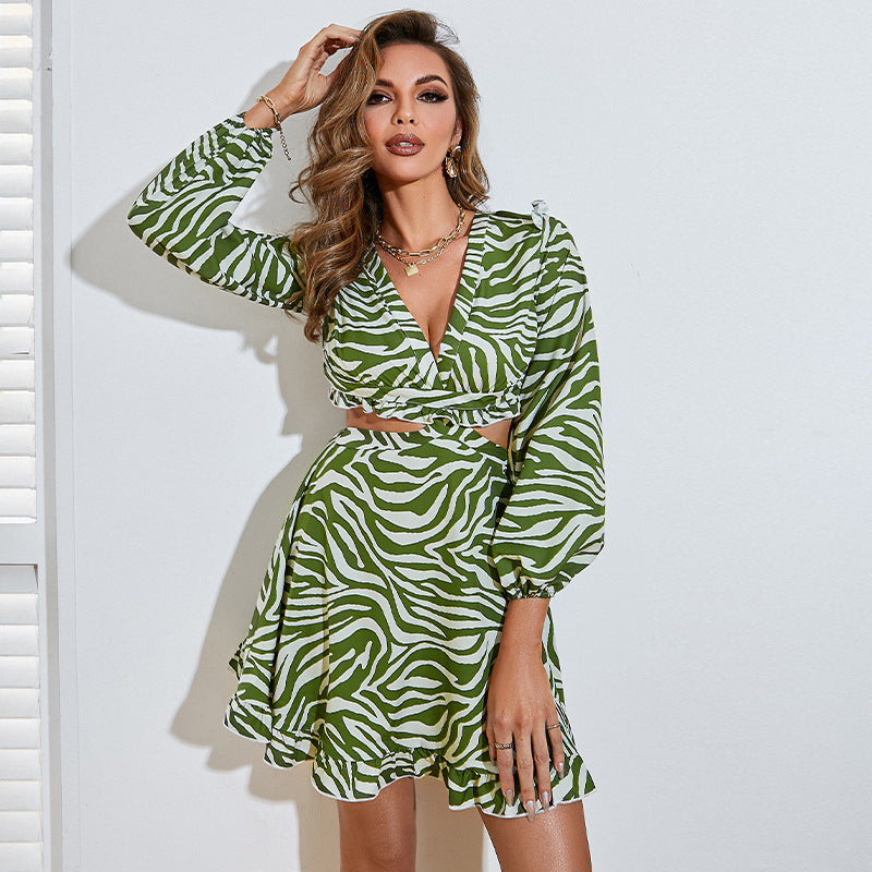 Fashionable Green Knee Length Casual High Waist Print Dress