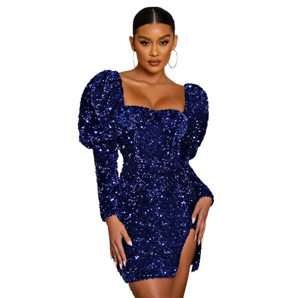 Sequin Backless Padded Shoulder Bubble Sleeve Party Dresses For Women