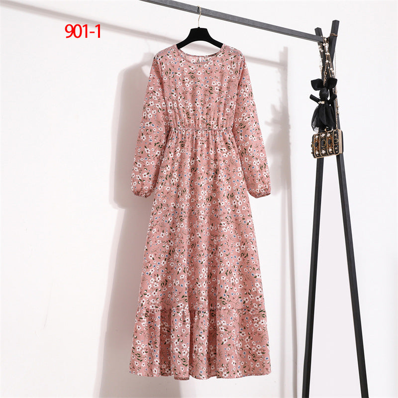 Women's Round Neck Long Sleeve Pullover Floral Dress