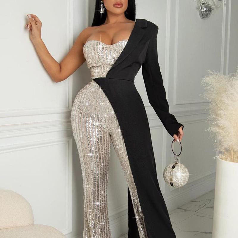 Women's Silver Stitching Sequined One-shoulder Fashionable Sequins Jumpsuit