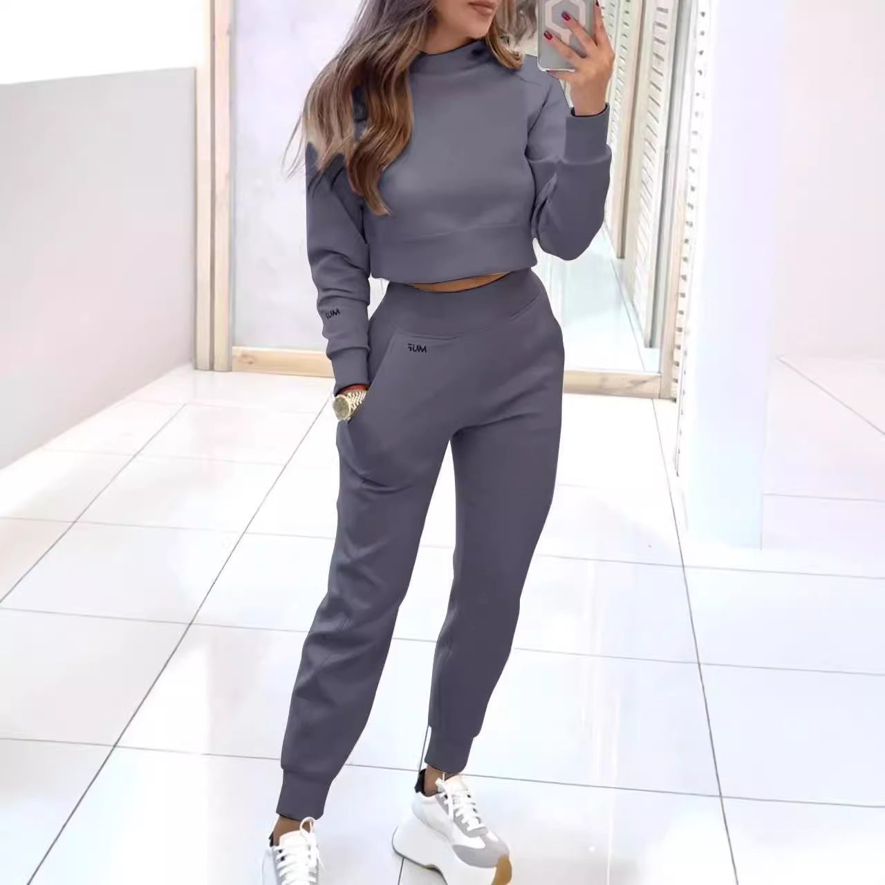 Stand Collar Sports Suit Fashion Pullover Long-sleeves Short Top And Slim Trousers With Pockets Solid Outfits Women's Clothing - Glamour Gale sports suit