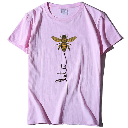 Bee And Letter Print Pattern Women's Loose T-shirt