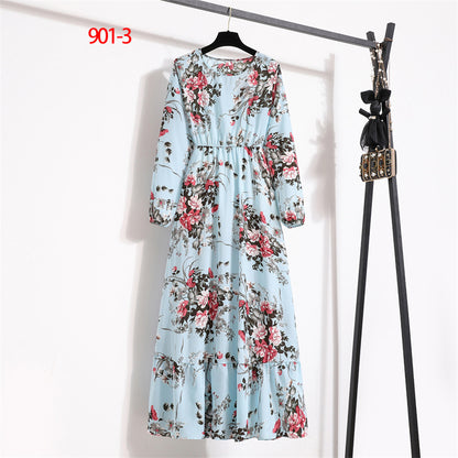 Women's Round Neck Long Sleeve Pullover Floral Dress