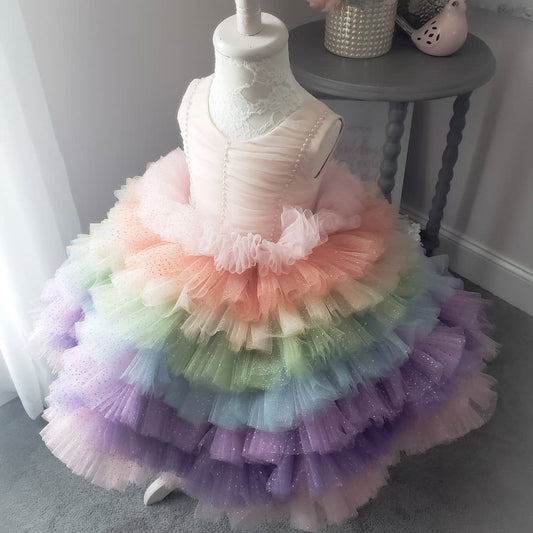 Girls Summer Rainbow Contrast Puff Dress Skirt