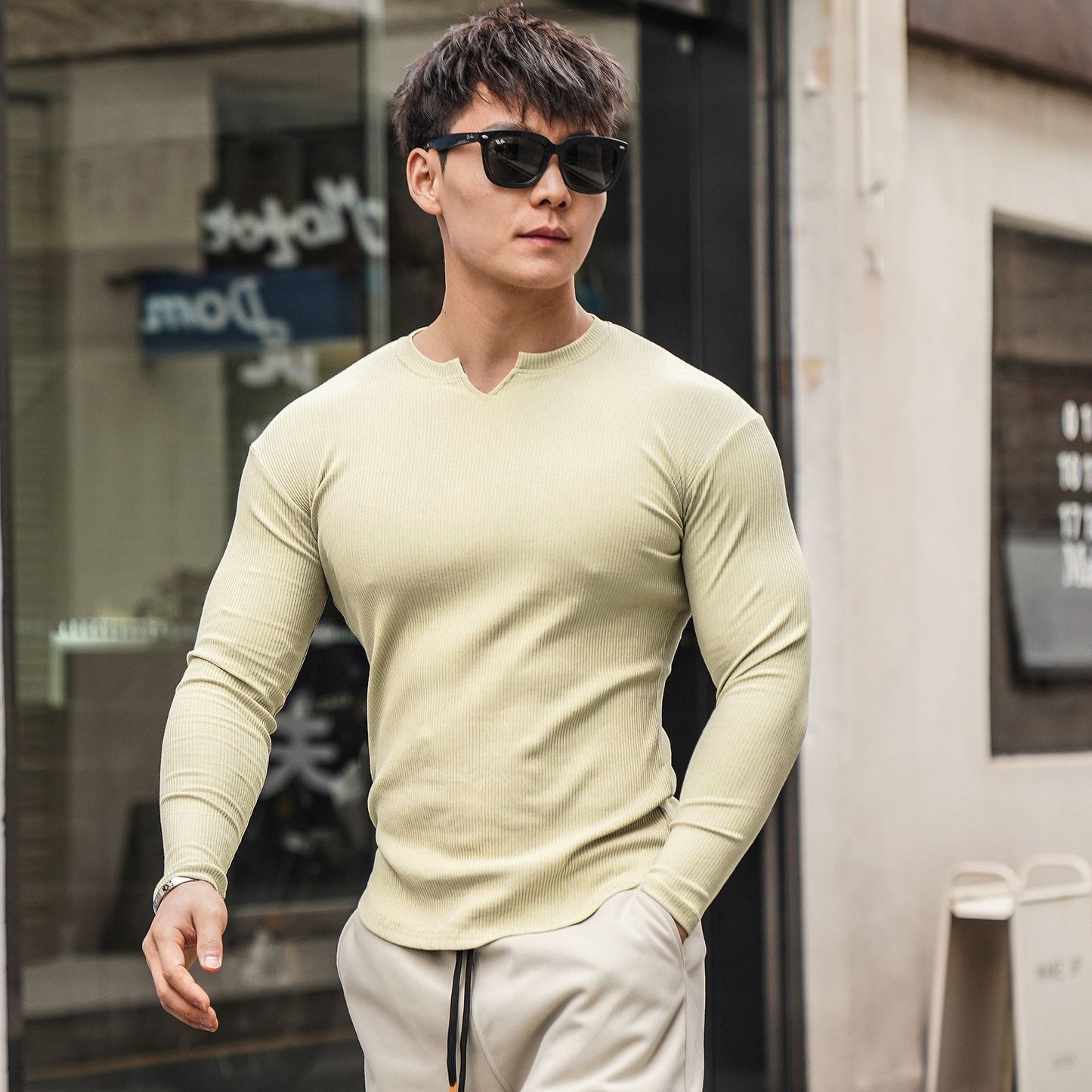 Autumn Men's Long-sleeved V-neck T-shirt