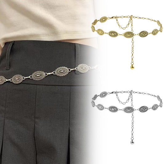 Retro National Style Carved Ancient Gold And Silver Metal Waist Chain Sexy Elegant Women's Dress Senior Sense Decorative Belt