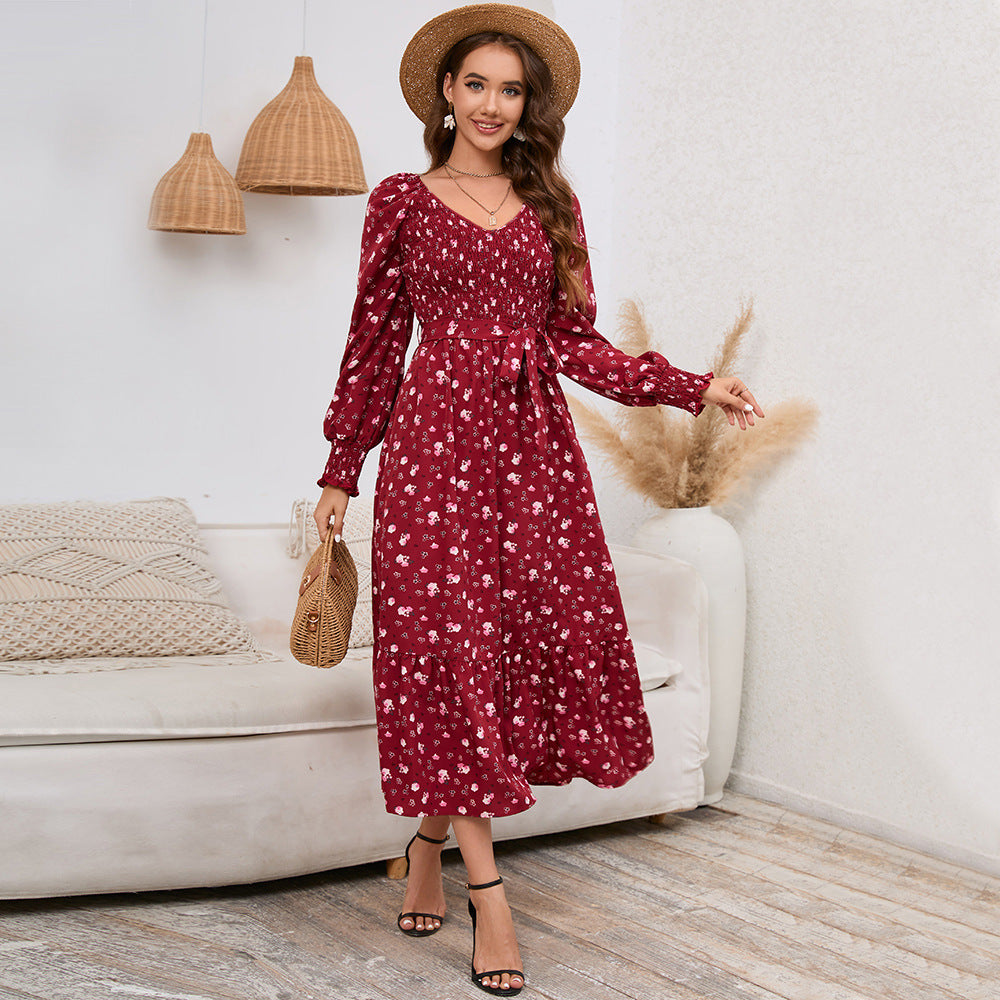 Women's All-matching Slim Fit Slimming Bubble Long Sleeve V-neck Floral Long Dress