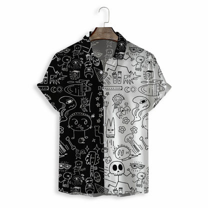 New Abstract Black And White Stitching Line Men's Casual Loose Shirt