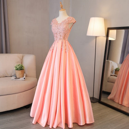 Lace Sticker Pink Evening Dress V-Neck Sleeveless Prom Party