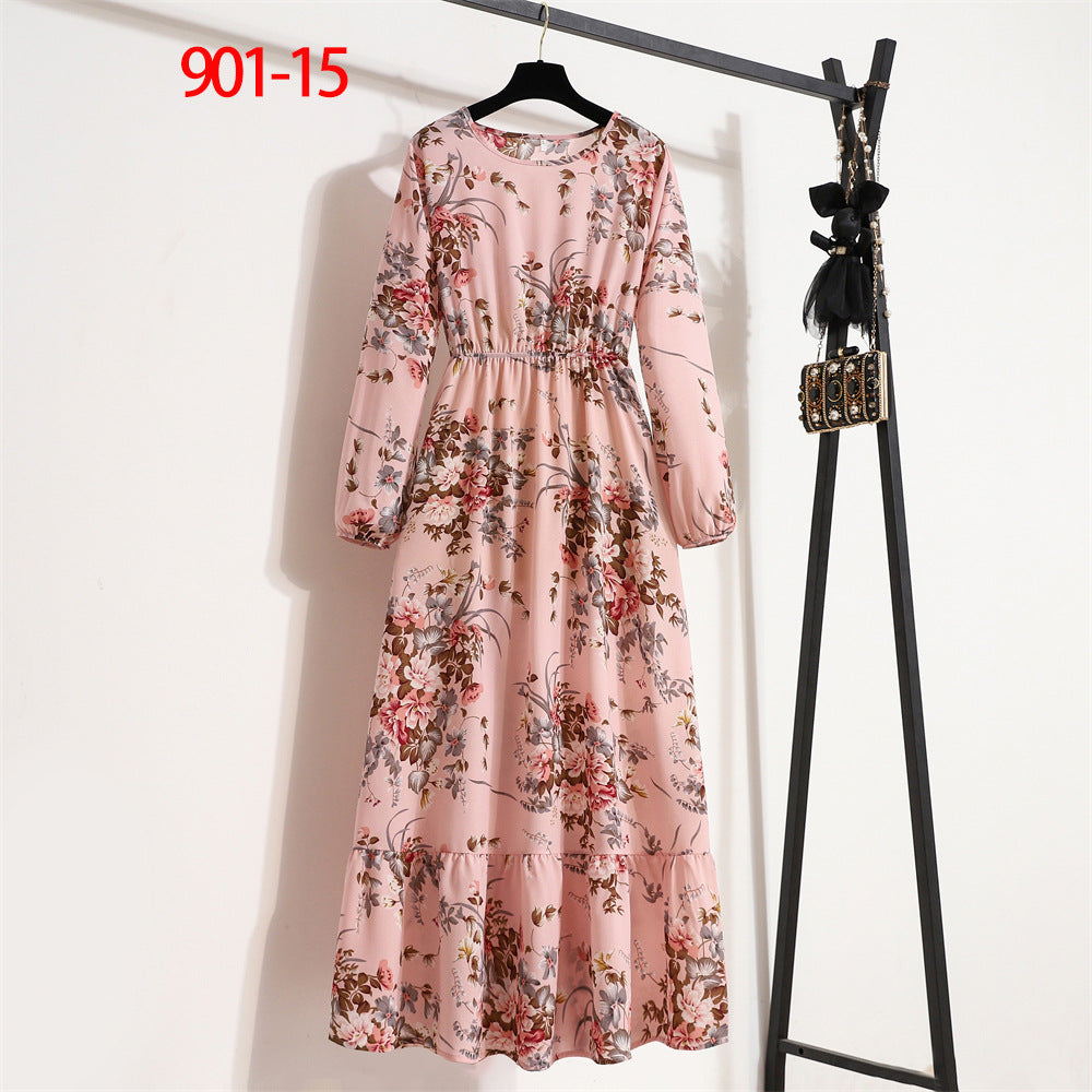 Women's Round Neck Long Sleeve Pullover Floral Dress