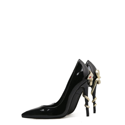 Cobra Heel Pointed Low-cut Patent Leather High Heels