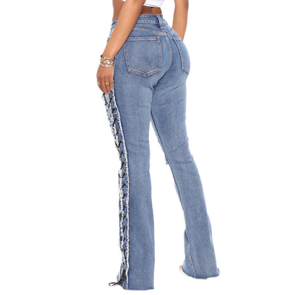 Eyelet Rope High Elasticity Slim Fit Ripped Denim Trousers