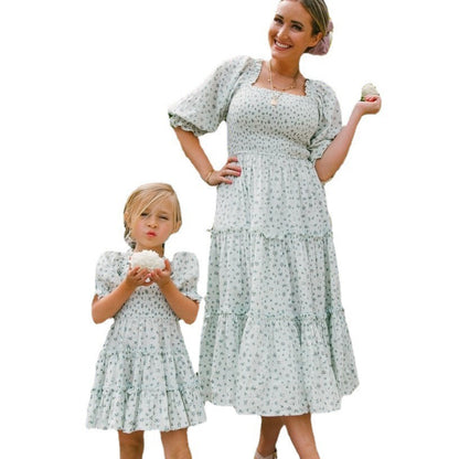 Fashion Floral Square Collar Lantern Sleeve Mother-daughter Parent-child Dress