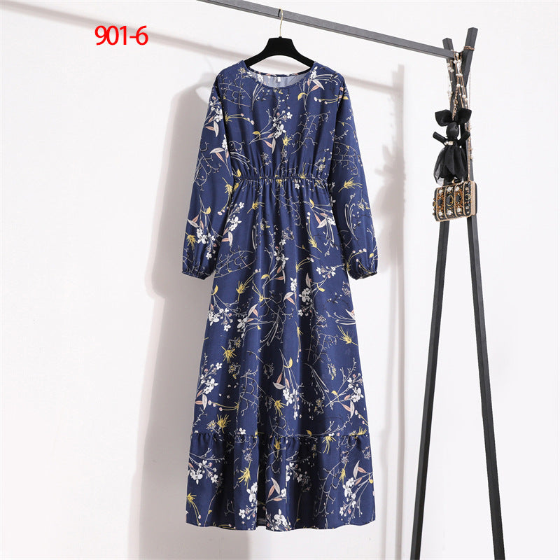 Women's Round Neck Long Sleeve Pullover Floral Dress