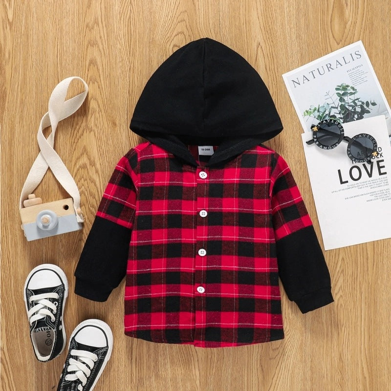 Hooded Plaid Sleeves Single Breasted Top Boys Middle Child Shirt Jacket