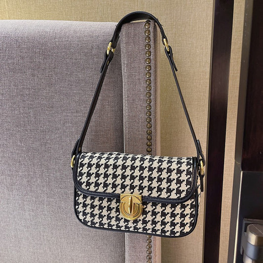 Women's Houndstooth One Shoulder Underarm Baguette Bag