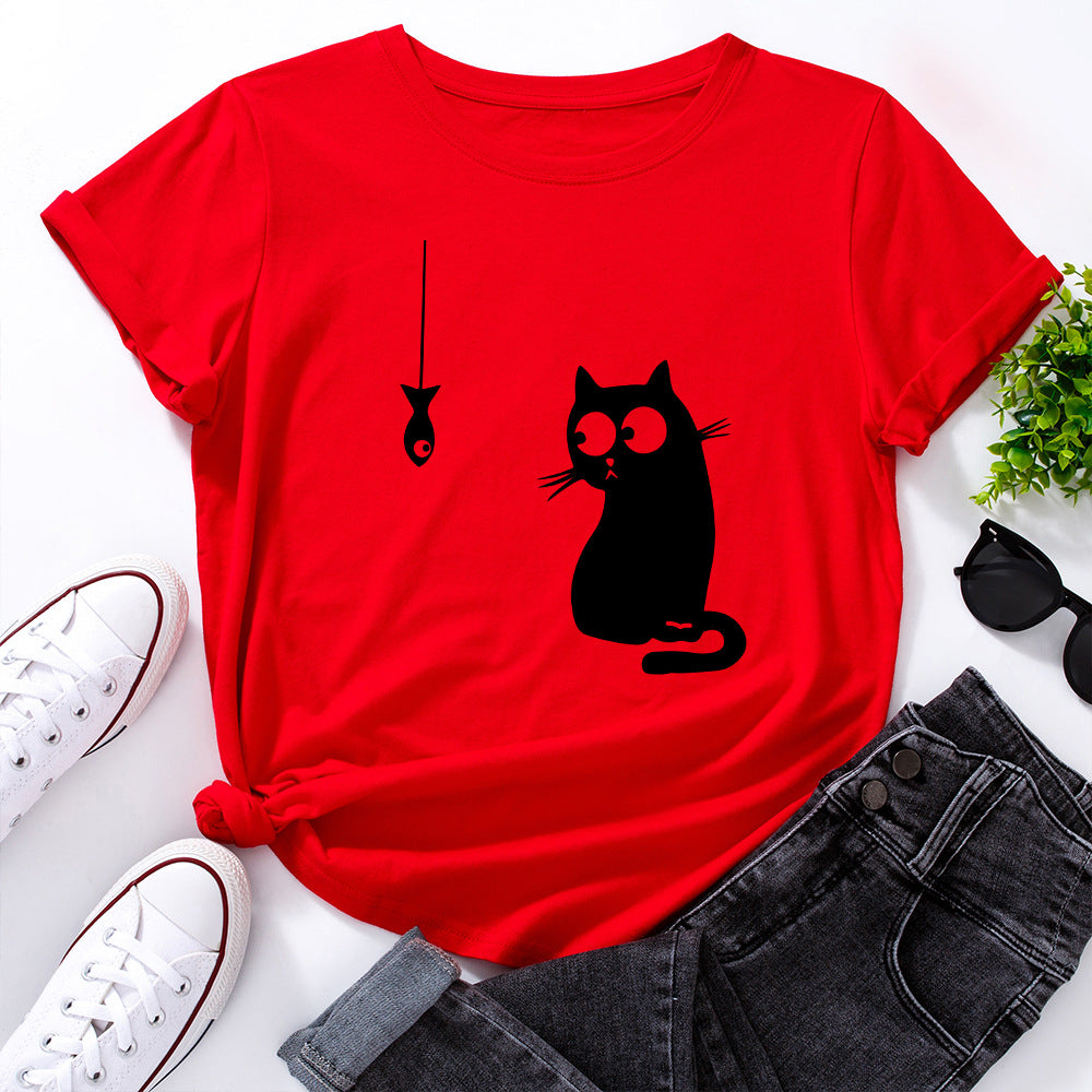 Women's Cute Cat Loose Round Neck Cotton Short Sleeve