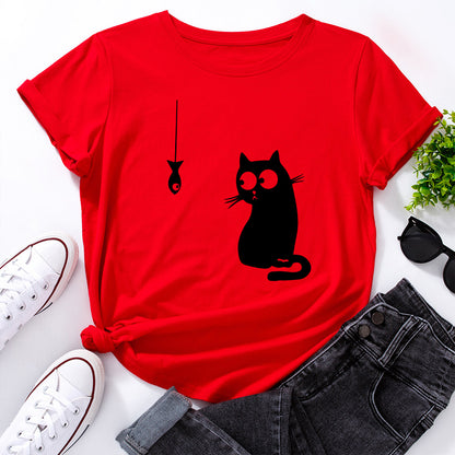 Women's Cute Cat Loose Round Neck Cotton Short Sleeve