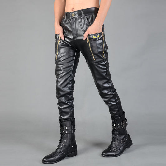 Men's Casual Autumn And Winter Men's Tight-fitting Zipper Stitching Leather Pants