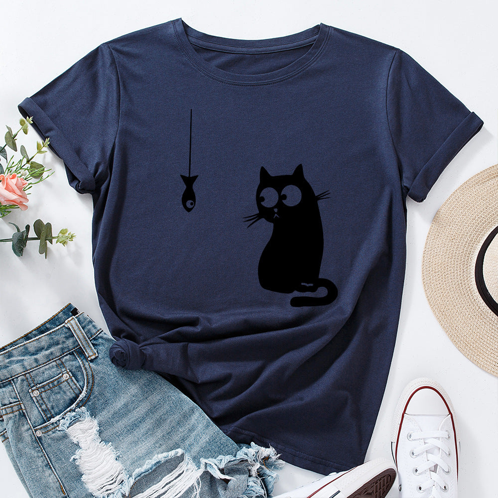 Women's Cute Cat Loose Round Neck Cotton Short Sleeve