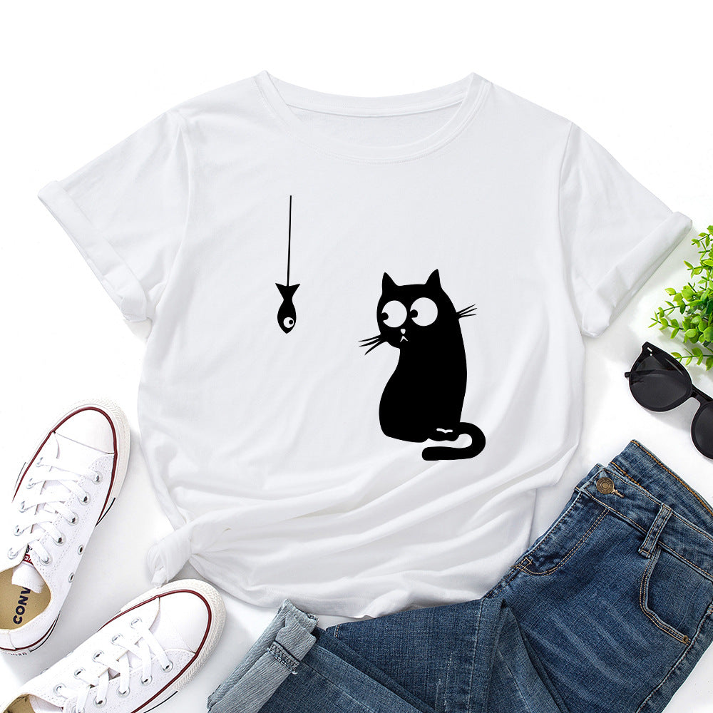 Women's Cute Cat Loose Round Neck Cotton Short Sleeve