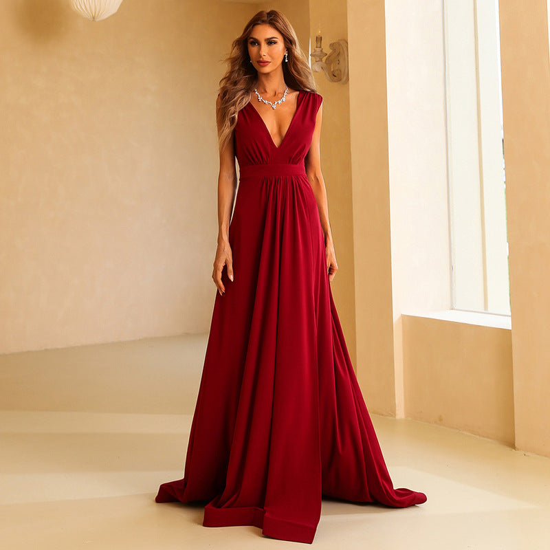 Red Deep V-neck Temperament Long Section Thin Back Toasting Service Banquet Evening Dress Women - Glamour Gale