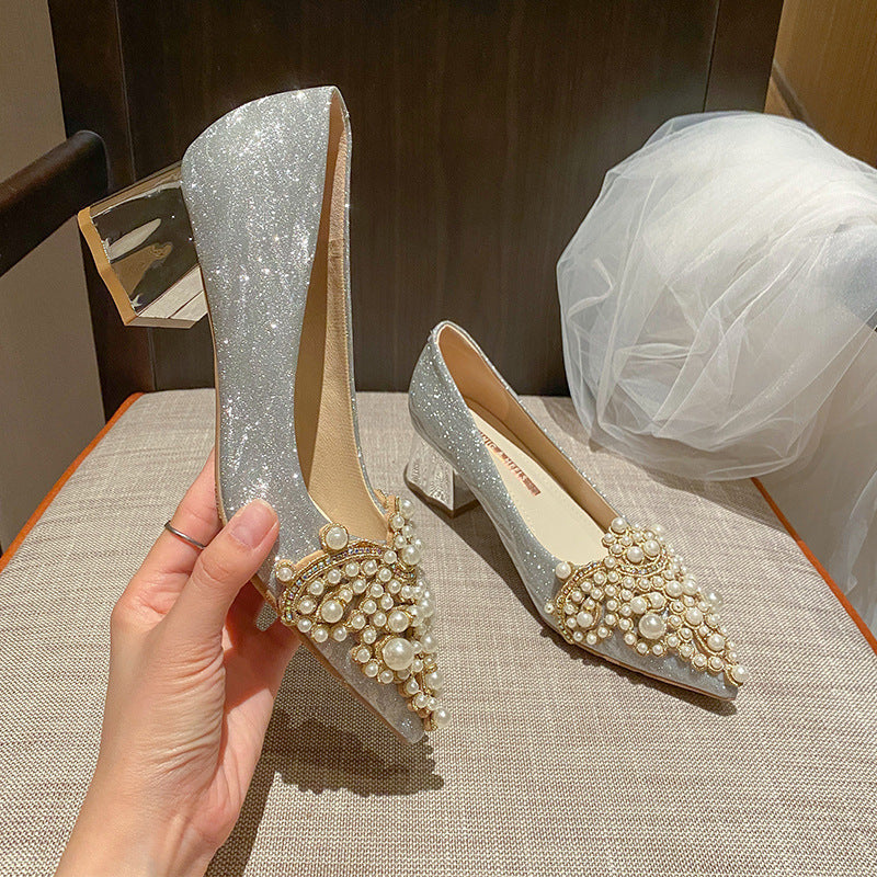 French Wedding Shoes High-grade Xiuhe Wedding Pointed High Heels