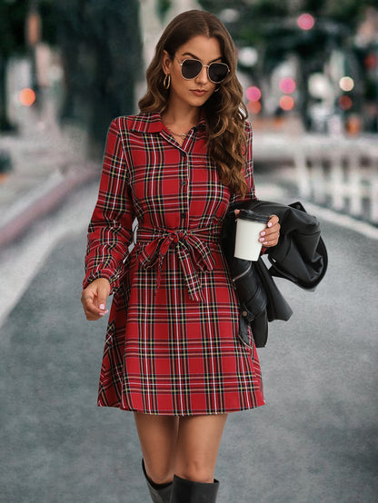 Women's Lantern Sleeve Plaid Shirt Dress