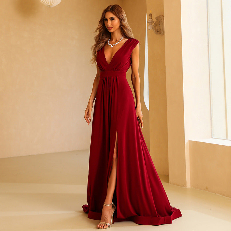 Red Deep V-neck Temperament Long Section Thin Back Toasting Service Banquet Evening Dress Women - Glamour Gale