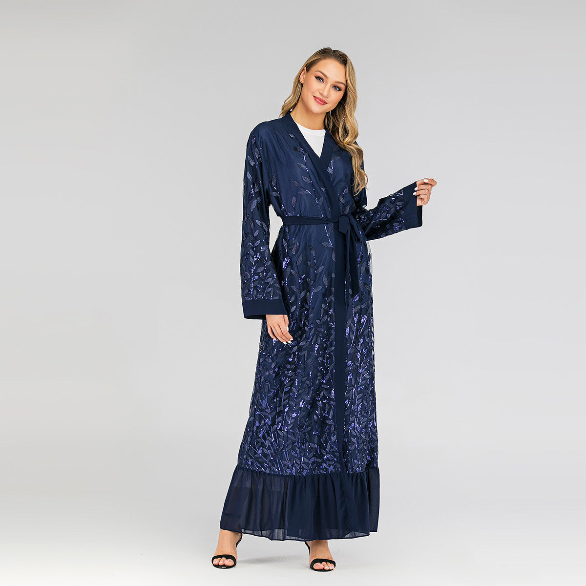 Lace Temperament Cardigan Embroidered Leaves Middle East Sequined Robe - Glamour Gale