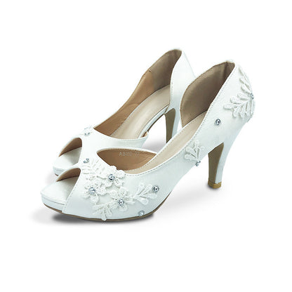 New White Lace Flower Ribbon Stiletto Wedding Shoes