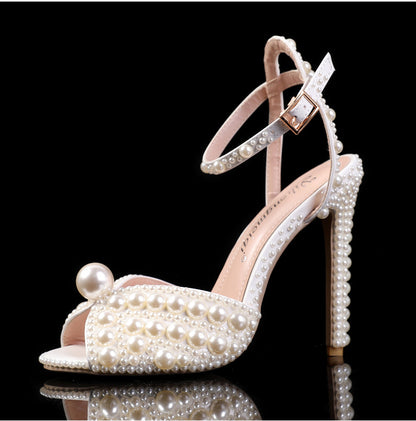 New Peep-toe Shallow Mouth Rhinestone Pearl Woman High-heeled Shoes