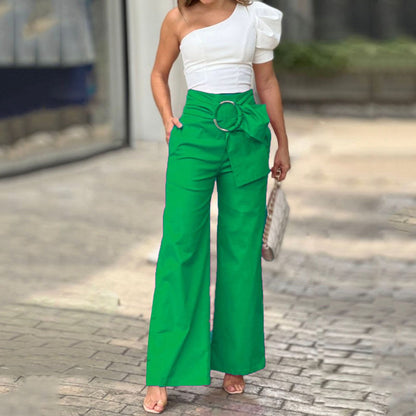 Women's Shoulder Puff Sleeve Top Wide Leg Pants Two-piece Set