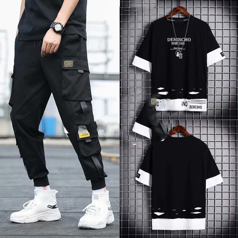 Two-piece Summer Men's Loose Hip-hop Overalls With Hood