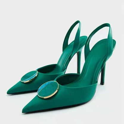 Stiletto Pointed Toe Back Strap Green Buckle High Heel Sandals Women