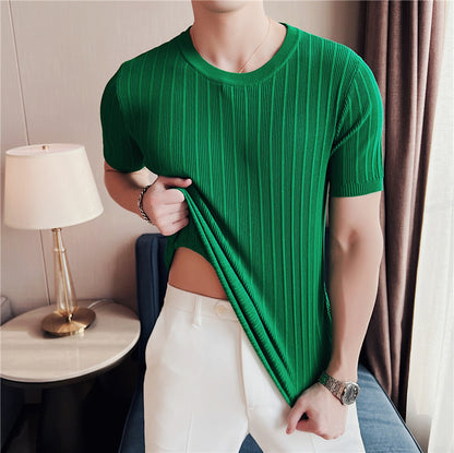 Slim-fit High Elastic Pleated Striped Short-sleeved Top For Men