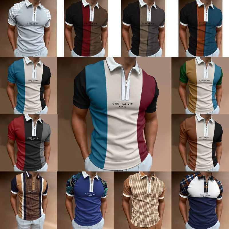 Men's Summer Polo Zipper Color Matching Sports Polo Shirt