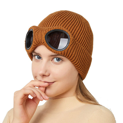 Warm Knitted Woolen Hats With Windproof Glasses