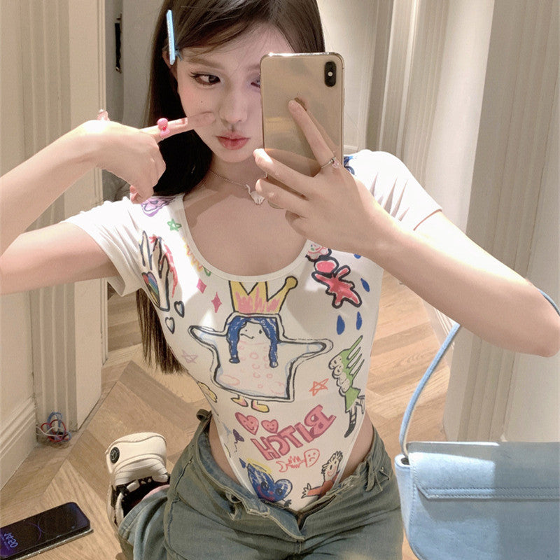 Hollow Out Cartoon Short Sleeve T-shirt Women's Summer Hot Girl Short