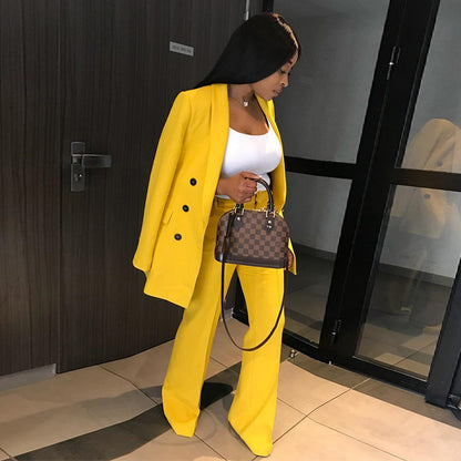 Lapel Long Sleeve Double Breasted Blazer Yellow Jacket