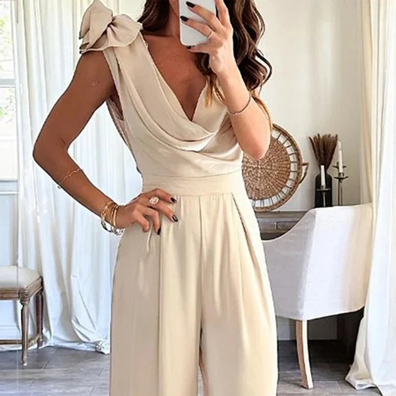 Low Collar Solid Color Elegant Waist Wide Leg Jumpsuit