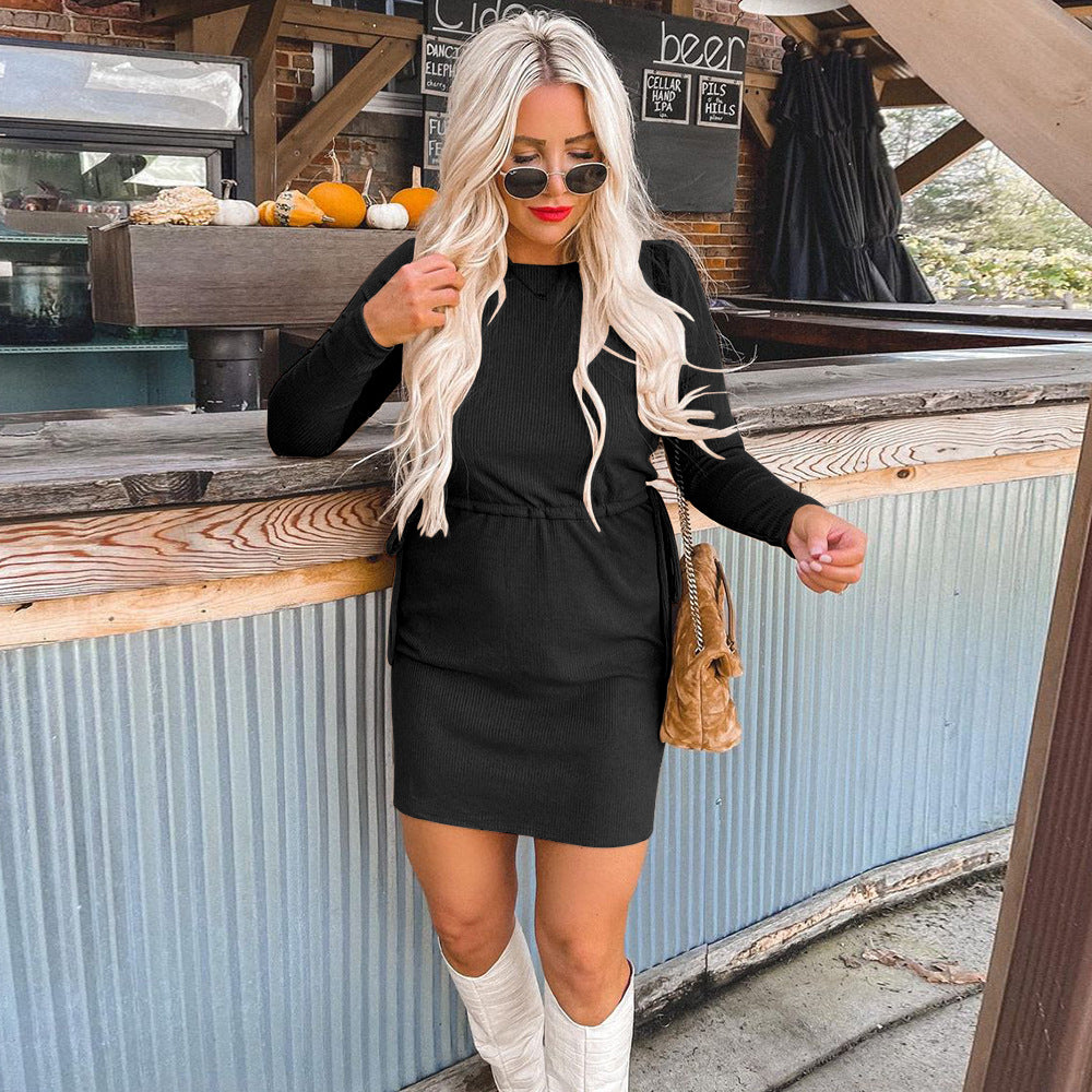 Fashion Solid Color Long-Sleeved Lace-Up Dress