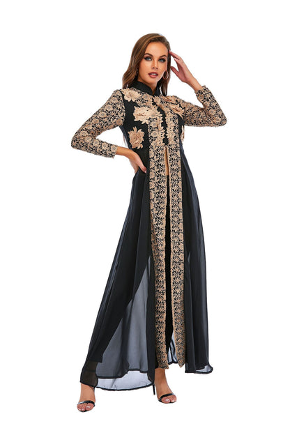 New Chiffon Stand Collar Lace Long Sleeve Dress Pants Set