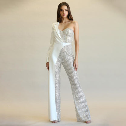 Women's Silver Stitching Sequined One-shoulder Fashionable Sequins Jumpsuit